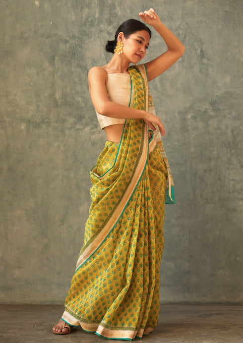 Handwoven Lemon Maheshwari Cotton Silk Saree